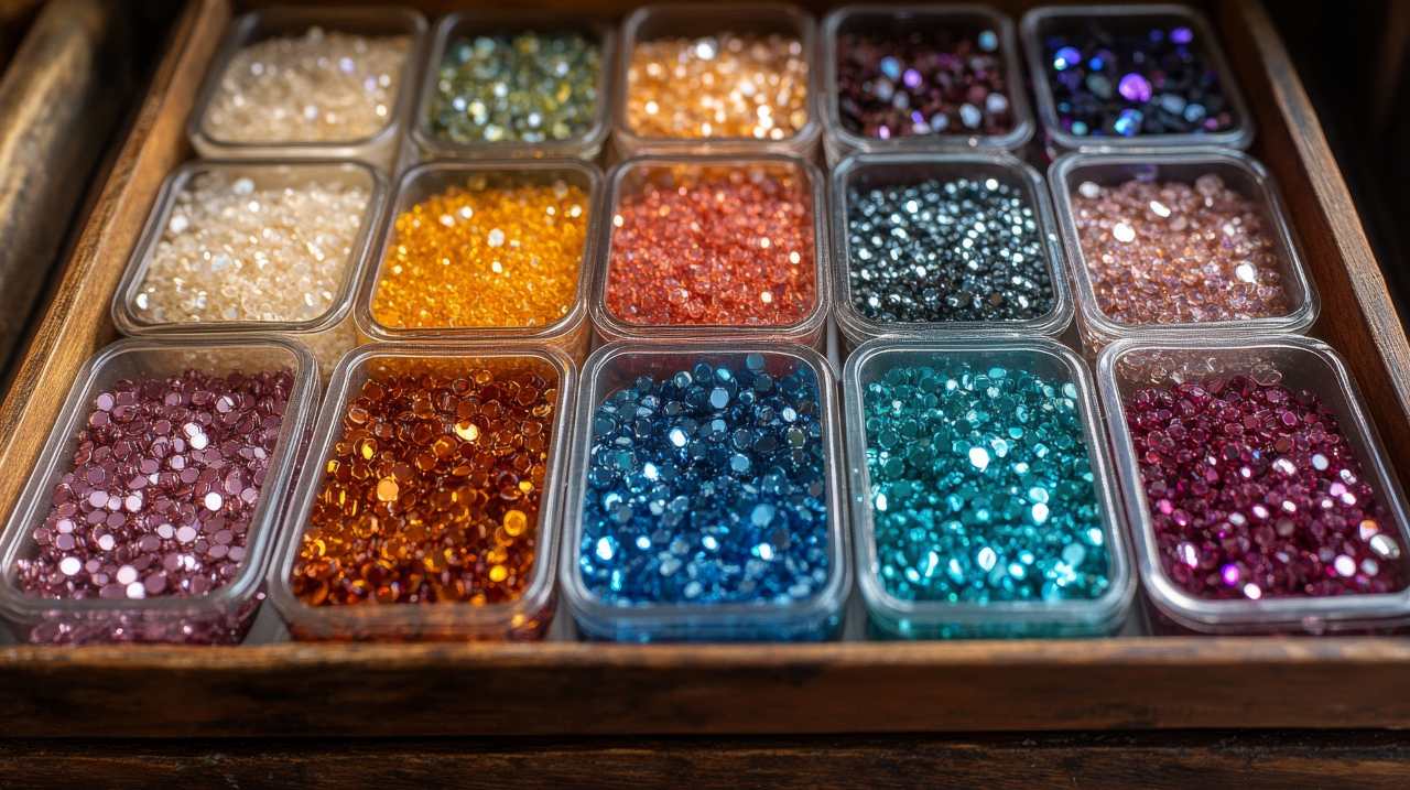 A wooden box filled with colorful beads