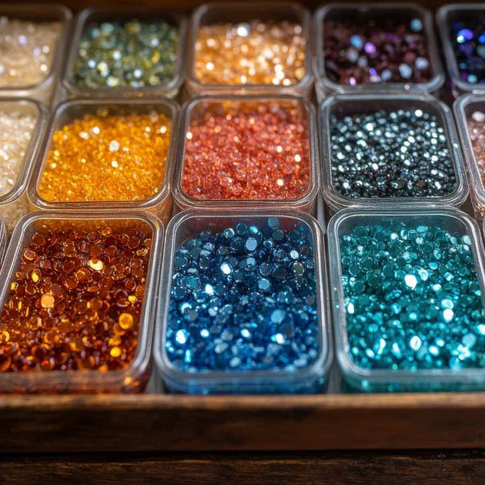 A wooden box filled with colorful beads