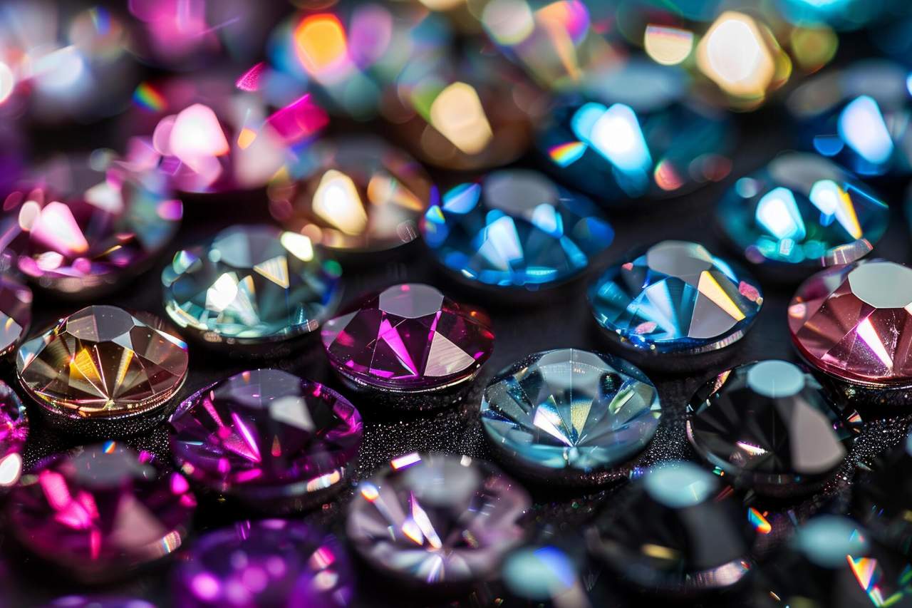  Colorful crystal rhinestones shining on dark background