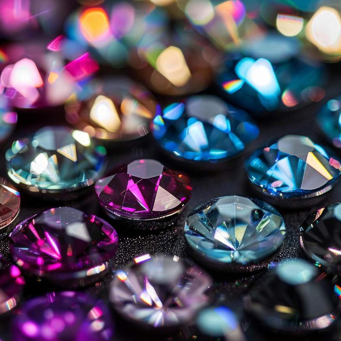  Colorful crystal rhinestones shining on dark background