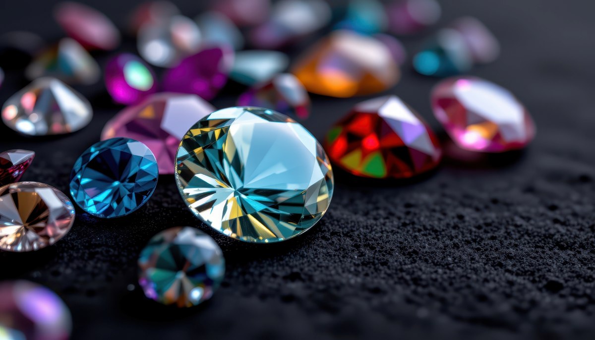 detailed macro shot of faceted gemstones lying on a black velvet background