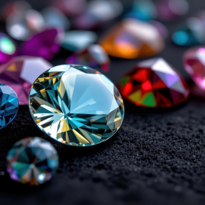 detailed macro shot of faceted gemstones lying on a black velvet background