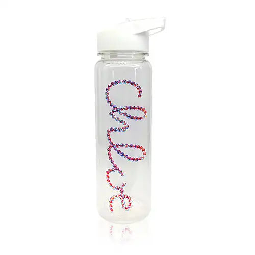 Love Island style water bottle rhinestone embellishment with Preciosa Crystals from Bluestreak Crystals.