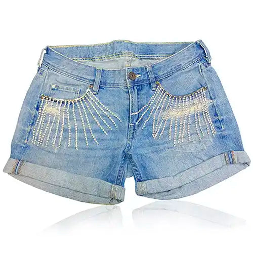 Denim shorts customised with Preciosa Crystals cup chain from Bluestreak Crystals.