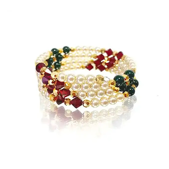 Festive Memory Wire bracelet with Preciosa Bicone Beads, Round Beads and pearls.