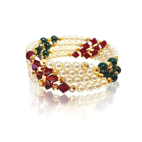 Festive Memory Wire bracelet with Preciosa Bicone Beads, Round Beads and pearls.