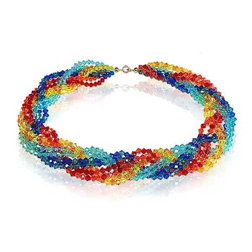 Rainbow woven beaded necklace with Preciosa Beads. 