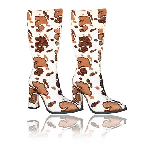 Cow print heeled boots rhinestone embellished with Smoked Amber Swarovski Crystals from Bluestreak Crystals