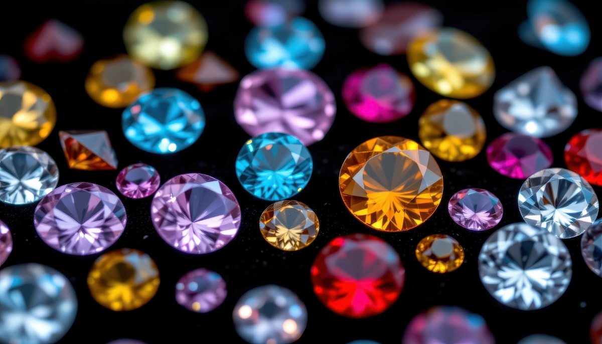 close up macro image of gemstones scattered on black background