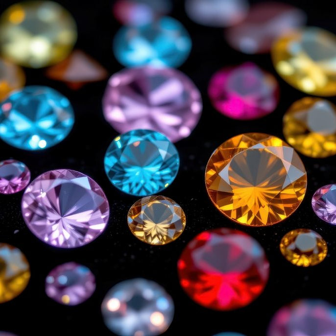 close up macro image of gemstones scattered on black background