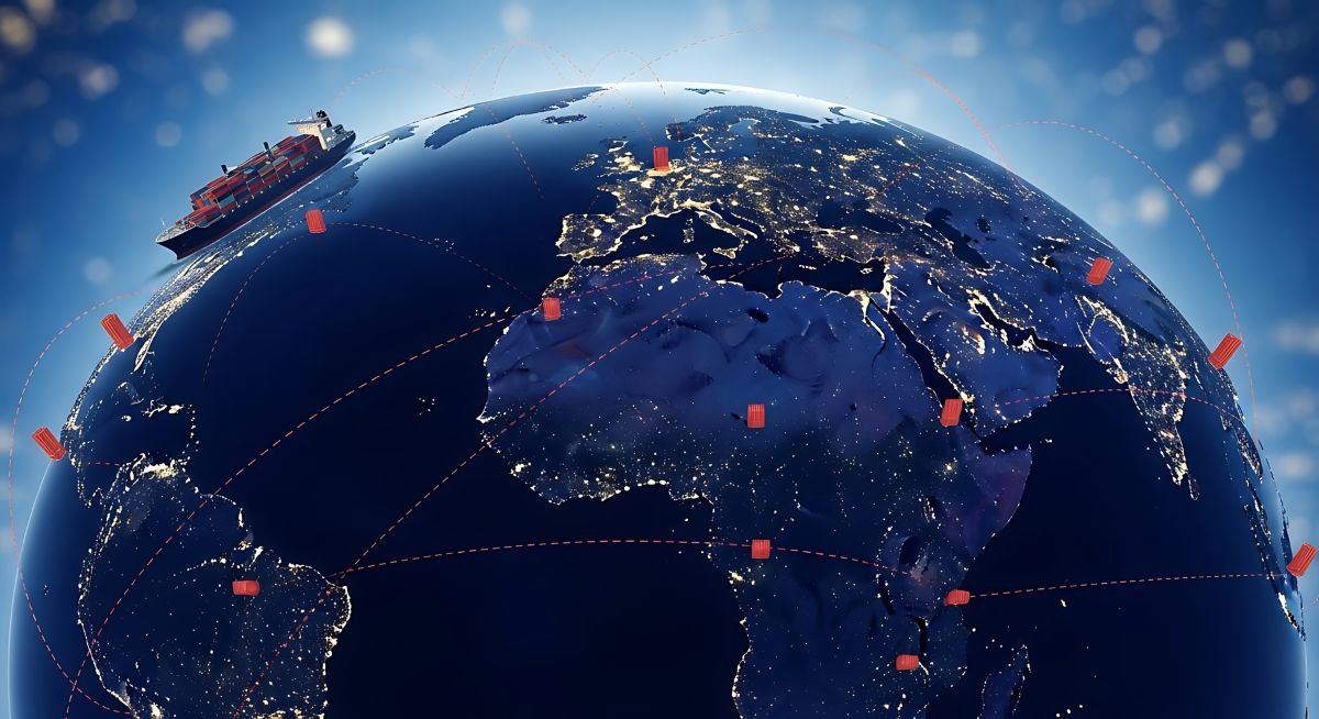 Global Shipping Network Cargo Ship Navigating a Worldwide Logistics System