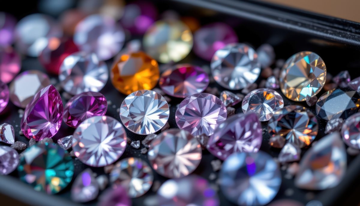 macro shot of faceted gemstones in a black tray, showing sparkle, reflection, and intricate cuts