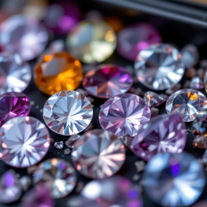macro shot of faceted gemstones in a black tray, showing sparkle, reflection, and intricate cuts