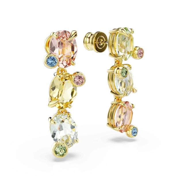 Swarovski Gema Drop Earrings Asymmetrical Mixed Cuts Multicolored Gold-Tone Plated - Bluestreak Crystals