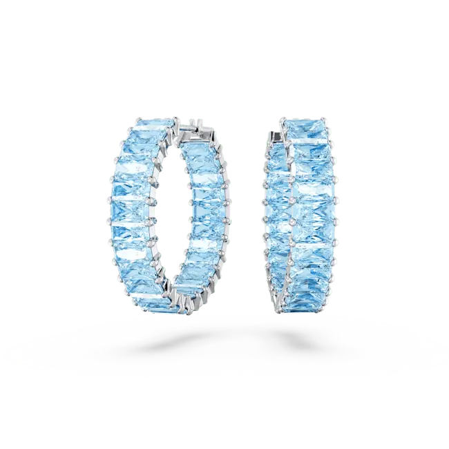 Swarovski Matrix Hoop Earrings Baguette Cut Blue Rhodium Plated - Bluestreak Crystals