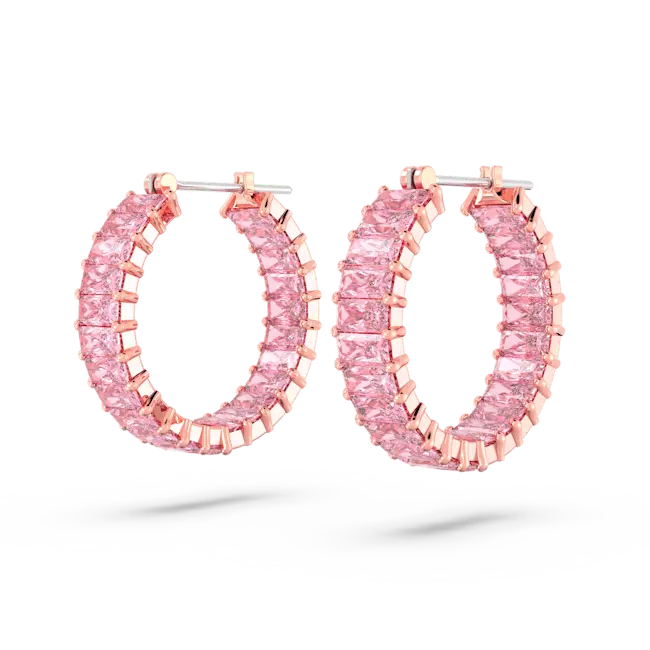 Swarovski Matrix Hoop Earrings Baguette Cut Pink Rose Gold-Tone Plated