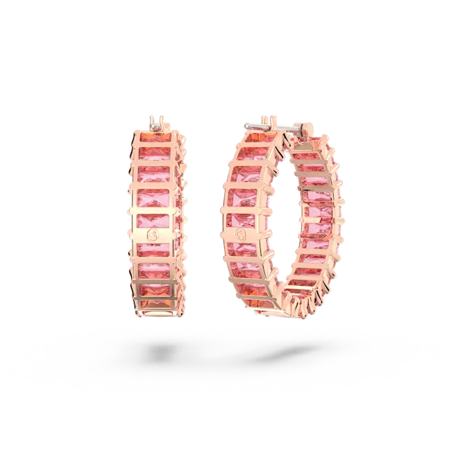 Swarovski Matrix Hoop Earrings Baguette Cut Pink Rose Gold-Tone Plated - Bluestreak Crystals