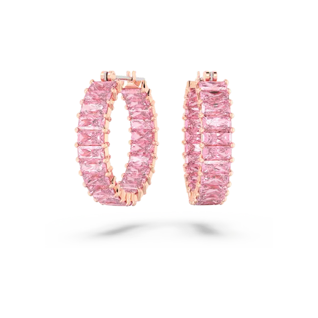 Swarovski Matrix Hoop Earrings Baguette Cut Pink Rose Gold-Tone Plated - Bluestreak Crystals