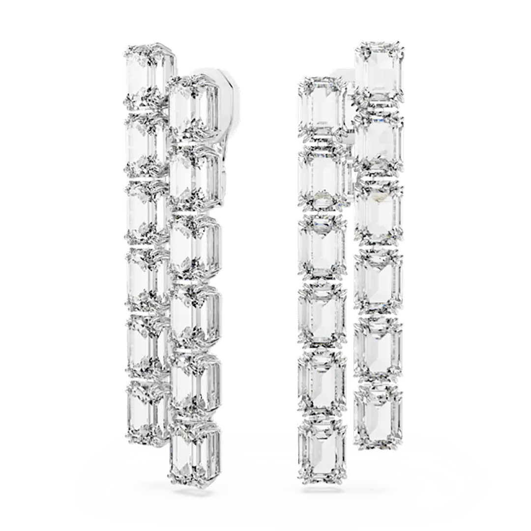 Swarovski Millenia Clip Earrings Octagon Cut Long White Rhodium Plated - Bluestreak Crystals