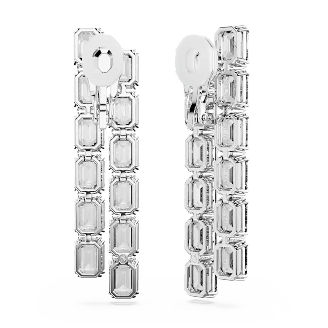 Swarovski Millenia Clip Earrings Octagon Cut Long White Rhodium Plated - Bluestreak Crystals