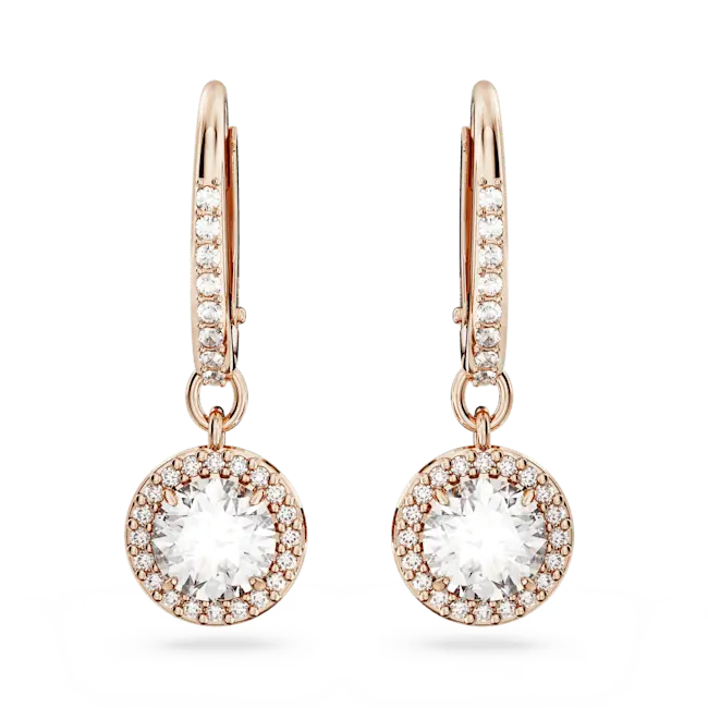 Swarovski Una Angelic Drop Earrings Round Cut Pave White Rose Gold-Tone Plated - Bluestreak Crystals